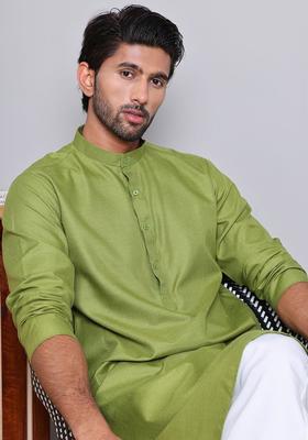 Olive Solid Cotton Kurta For Men