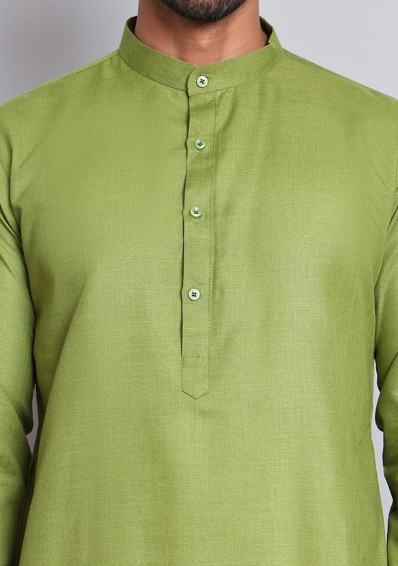 Olive Solid Cotton Kurta For Men - Indya