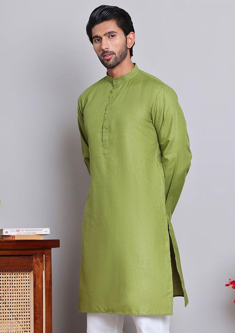Olive Solid Cotton Kurta For Men - Indya