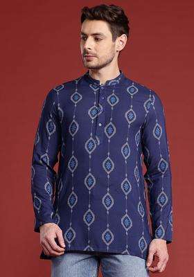 Blue Printed Viscose Kurta For Men