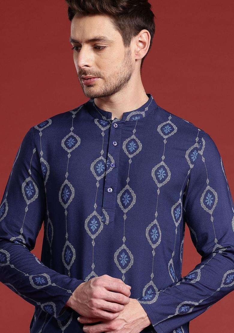 Blue Printed Viscose Kurta For Men - Indya