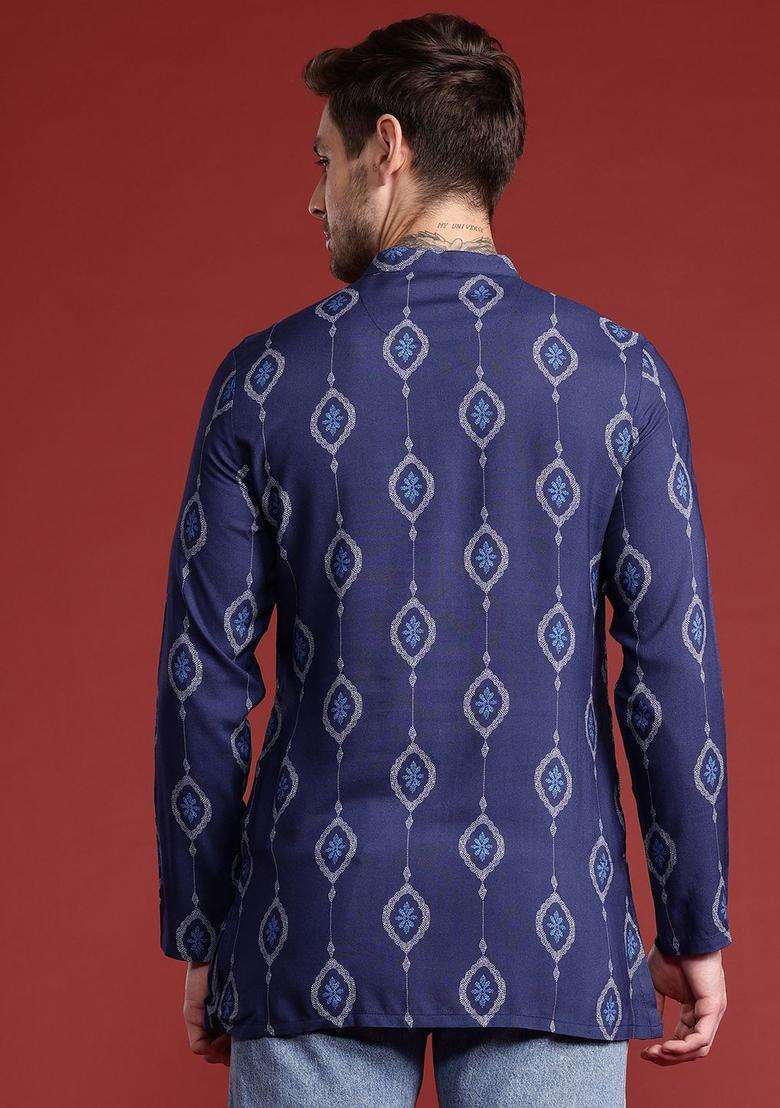 Blue Printed Viscose Kurta For Men - Indya
