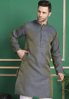Blue Woven Design Silk Kurta For Men