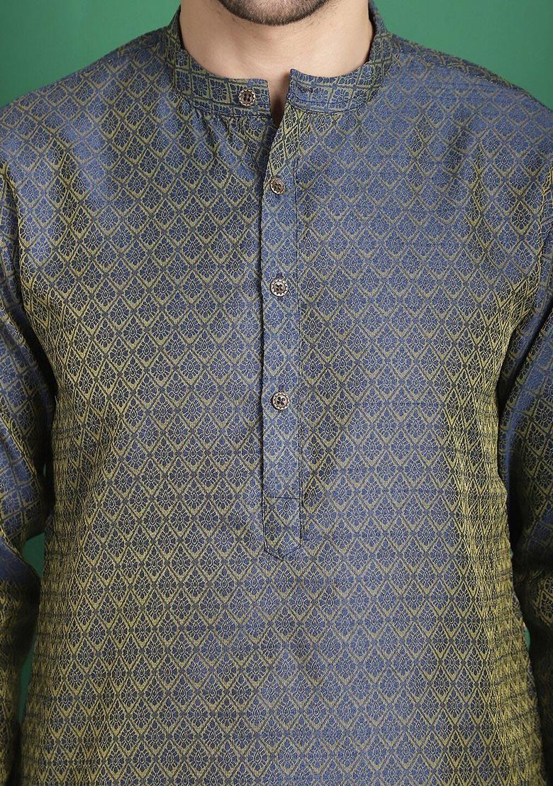 Blue Woven Design Silk Kurta For Men - Indya