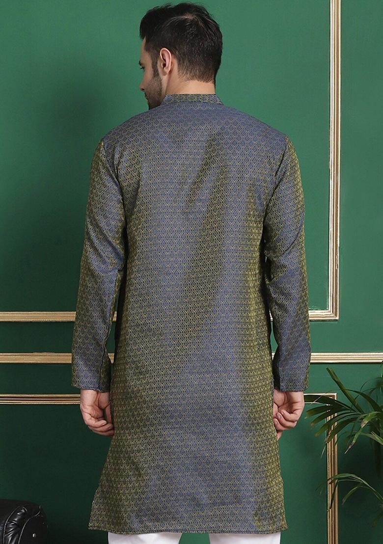 Blue Woven Design Silk Kurta For Men - Indya