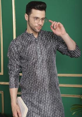 Black Woven Design Silk Kurta For Men