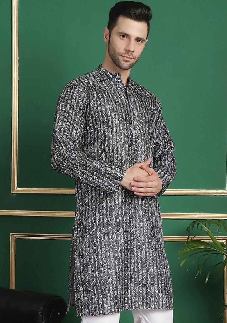 Black Woven Design Silk Kurta For Men - Indya