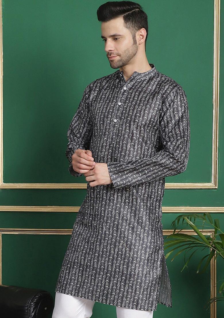 Black Woven Design Silk Kurta For Men - Indya