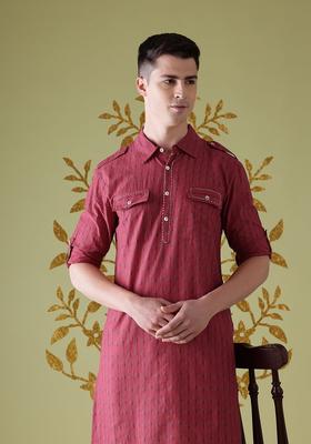 Red Printed Cotton Kurta For Men