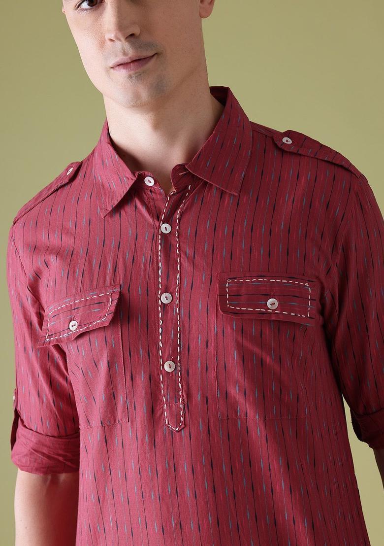 Red Printed Cotton Kurta For Men - Indya
