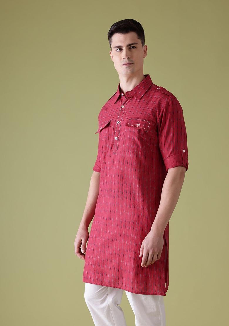 Red Printed Cotton Kurta For Men - Indya