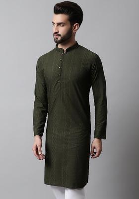 Olive Woven Design Cotton Kurta For Men