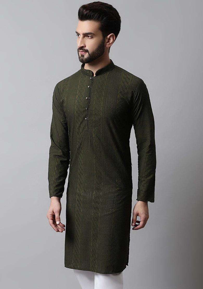 Olive Woven Design Cotton Kurta For Men - Indya