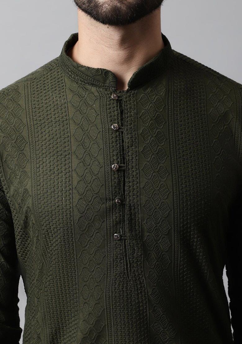 Olive Woven Design Cotton Kurta For Men - Indya