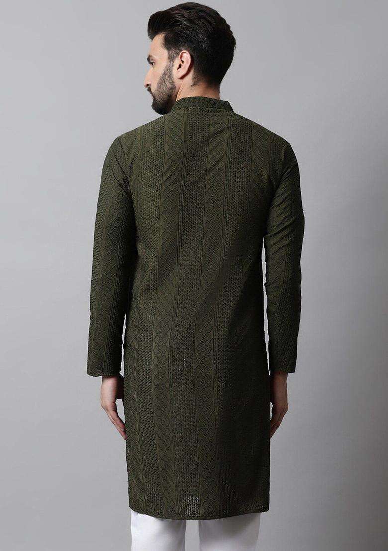 Olive Woven Design Cotton Kurta For Men - Indya