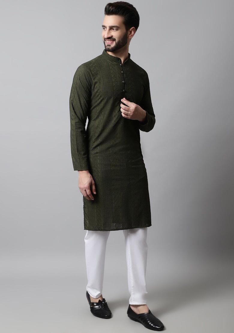 Olive Woven Design Cotton Kurta For Men - Indya