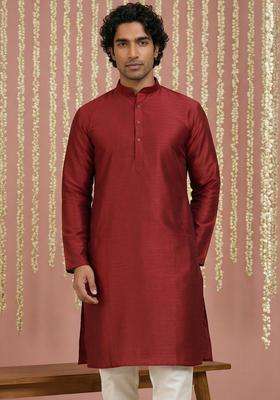 Maroon Solid Silk Blend Kurta For Men
