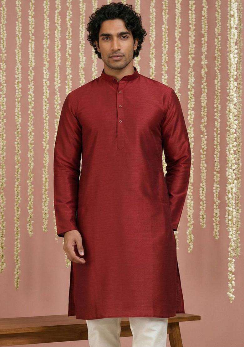 Maroon Solid Silk Blend Kurta For Men - Indya
