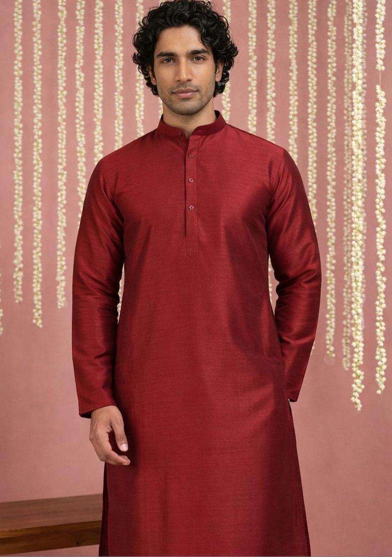 Maroon Solid Silk Blend Kurta For Men - Indya