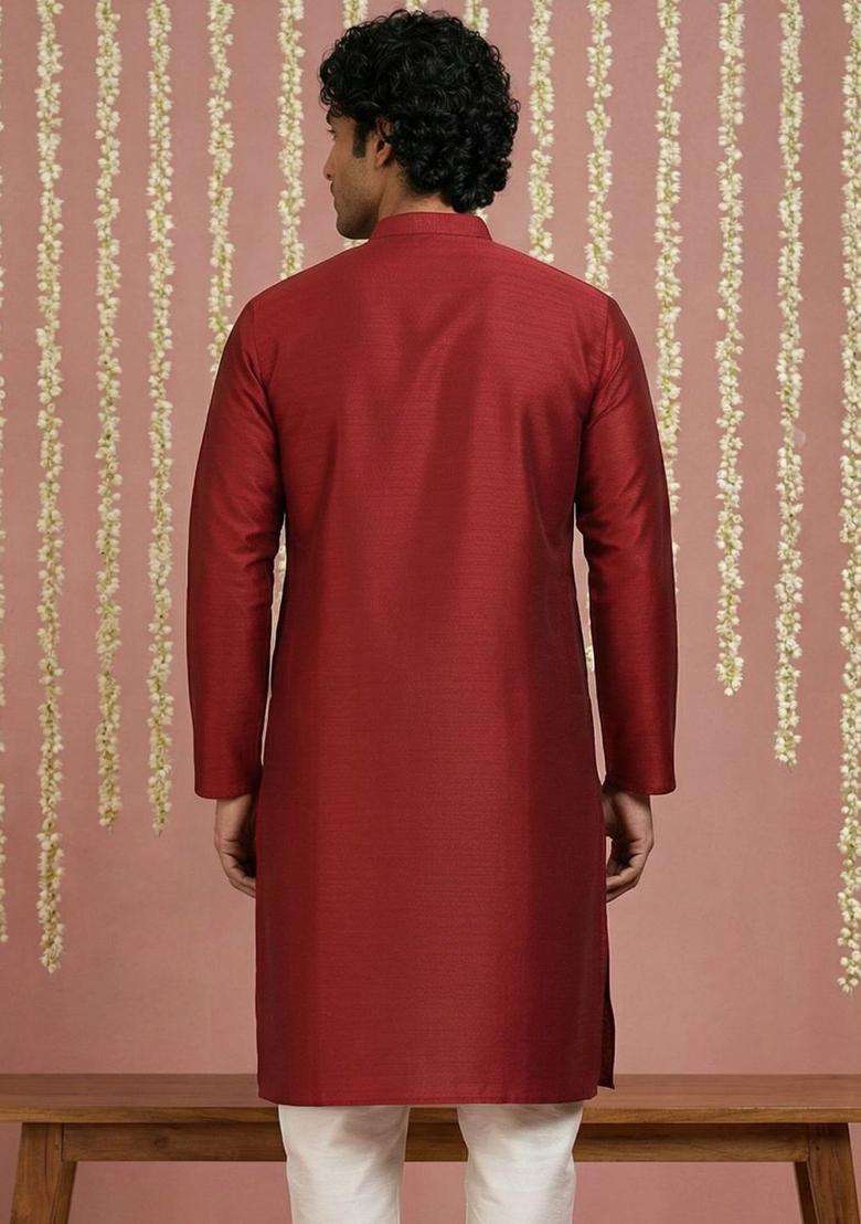 Maroon Solid Silk Blend Kurta For Men - Indya