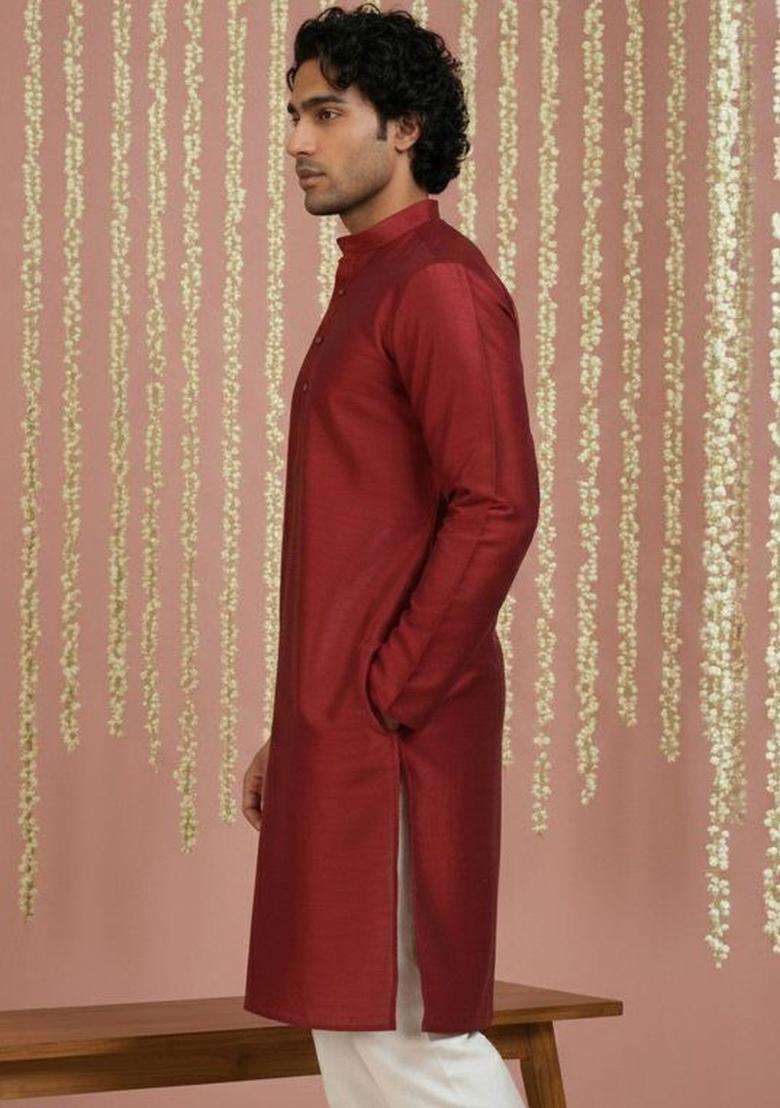 Maroon Solid Silk Blend Kurta For Men - Indya