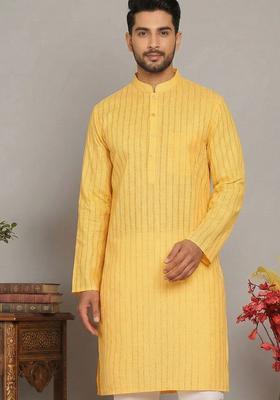 Yellow Striped Cotton Kurta For Men