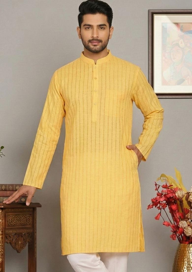 Yellow Striped Cotton Kurta For Men - Indya