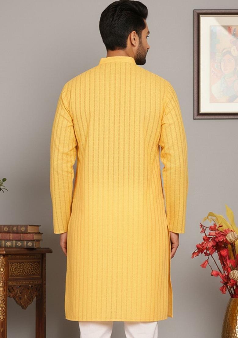 Yellow Striped Cotton Kurta For Men - Indya