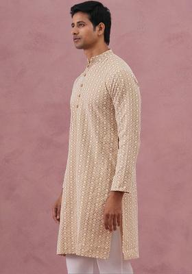 Beige Embroidered Cotton Kurta For Men