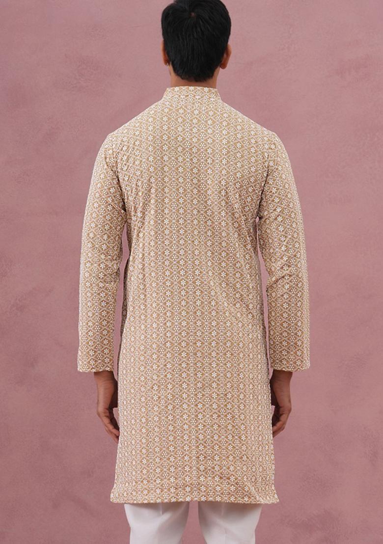 Beige Embroidered Cotton Kurta For Men - Indya