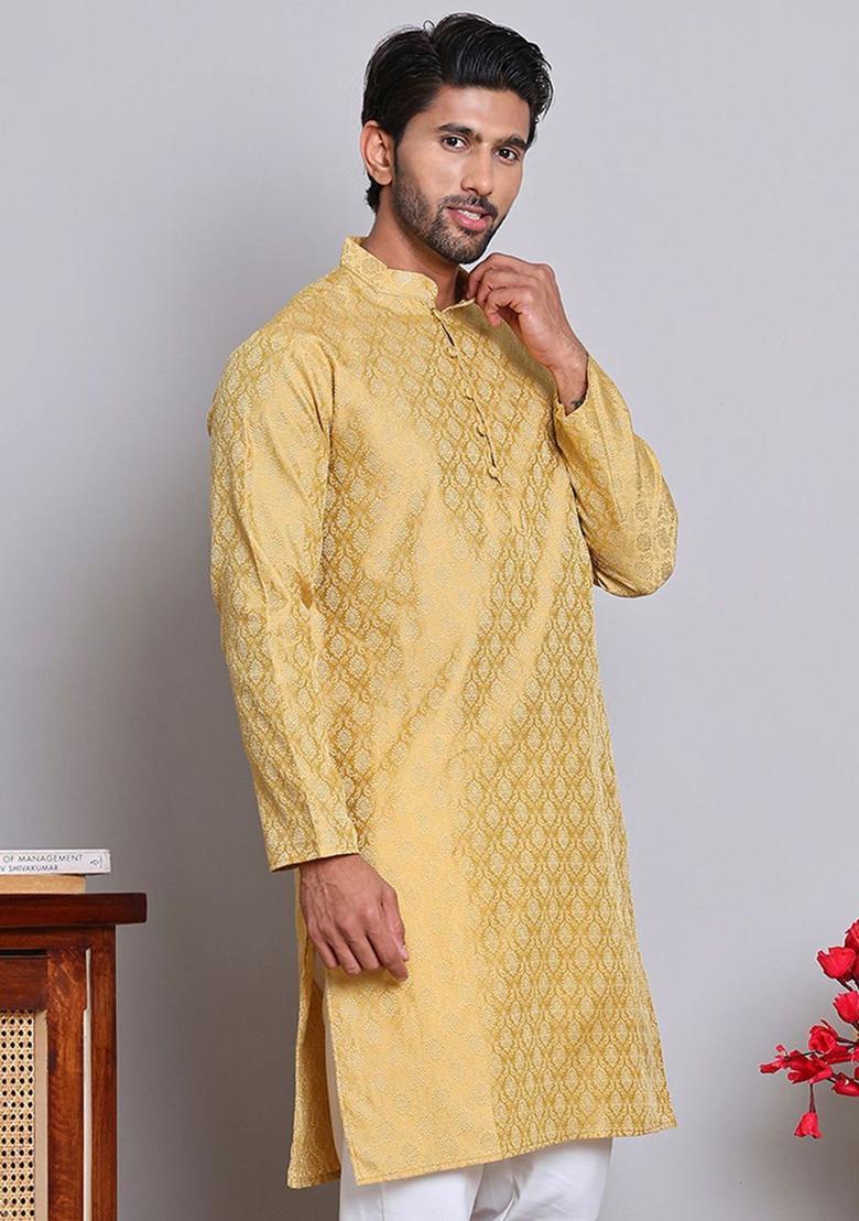 Gold Woven Design Silk Kurta For Men - Indya
