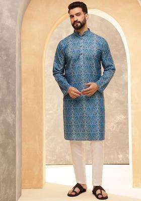 Blue Printed Linen Kurta For Men