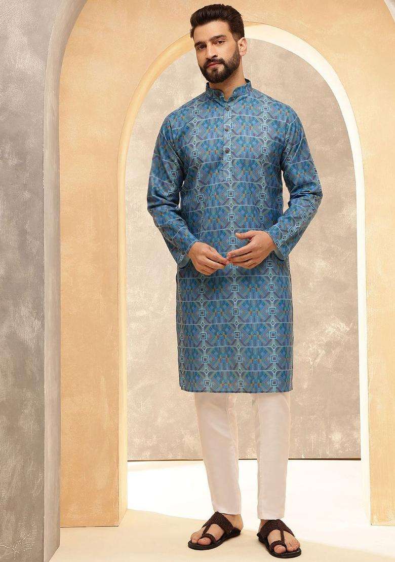 Blue Printed Linen Kurta For Men - Indya