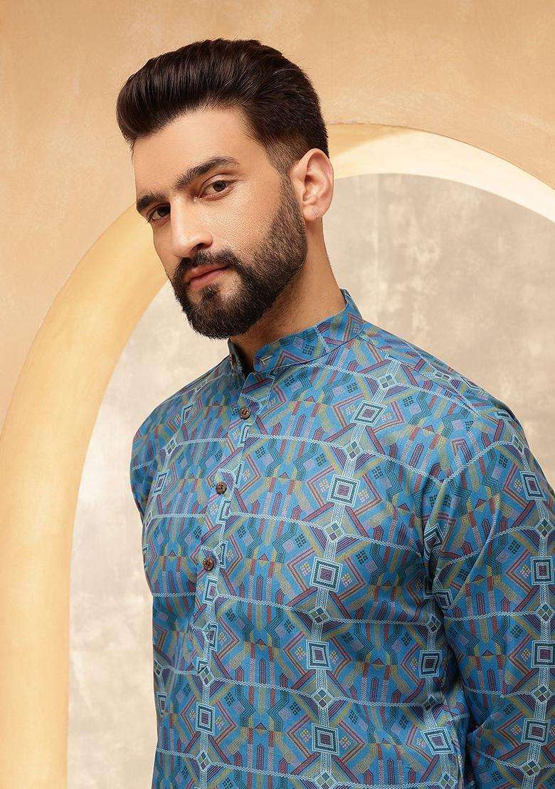 Blue Printed Linen Kurta For Men - Indya