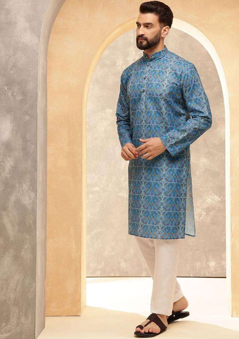 Blue Printed Linen Kurta For Men - Indya