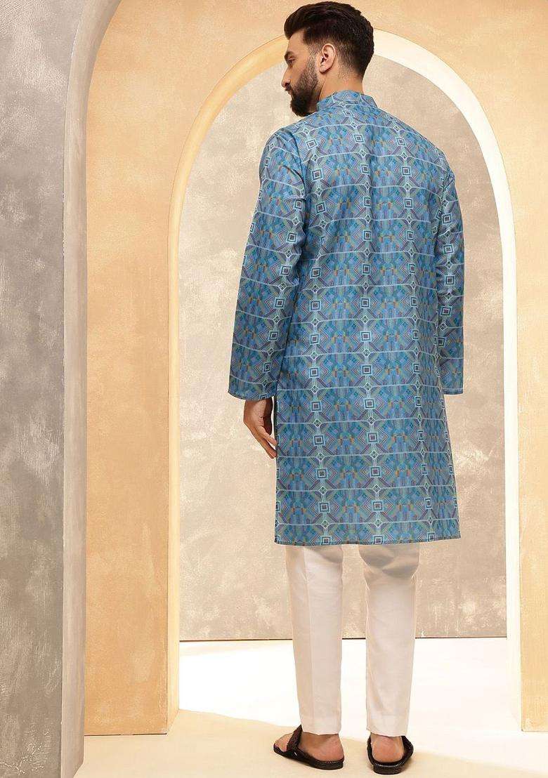 Blue Printed Linen Kurta For Men - Indya