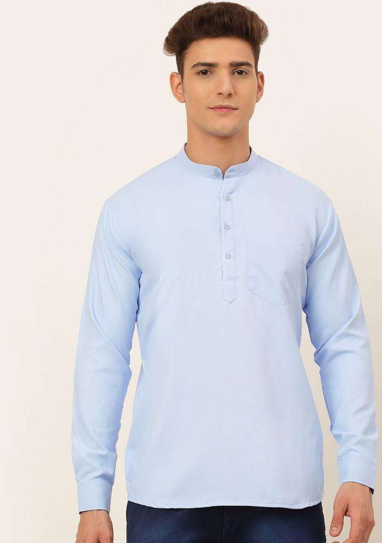 Blue Solid Cotton Kurta For Men - Indya