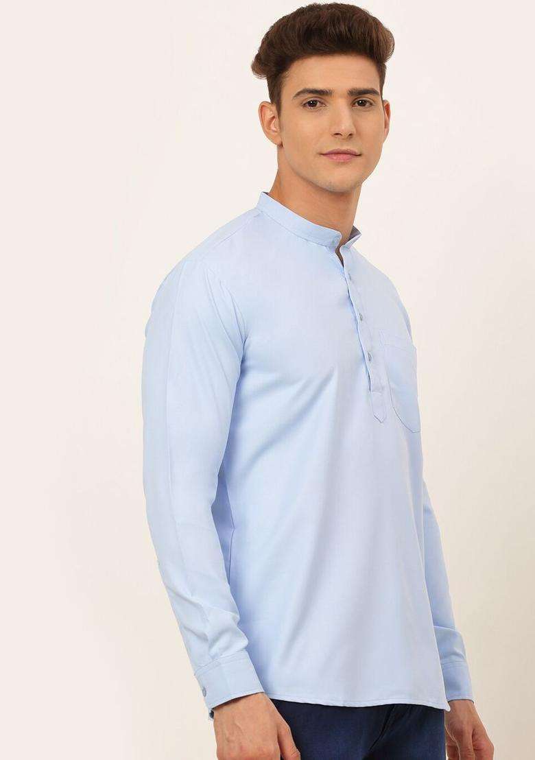 Blue Solid Cotton Kurta For Men - Indya