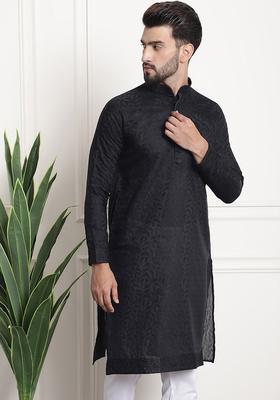 Black Woven Design Silk Kurta For Men