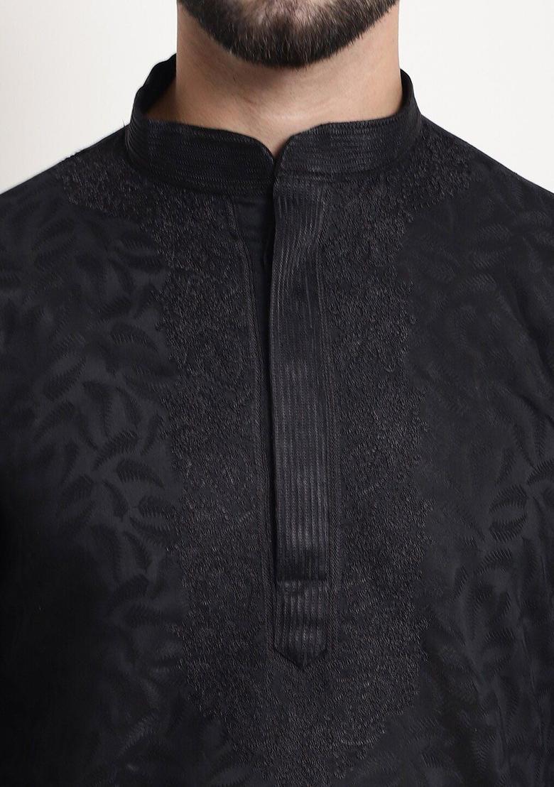 Black Woven Design Silk Kurta For Men - Indya