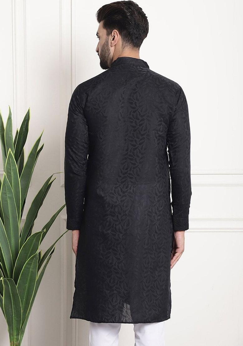 Black Woven Design Silk Kurta For Men - Indya