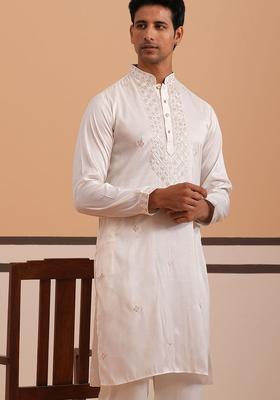 White Embellished Silk Kurta For Men