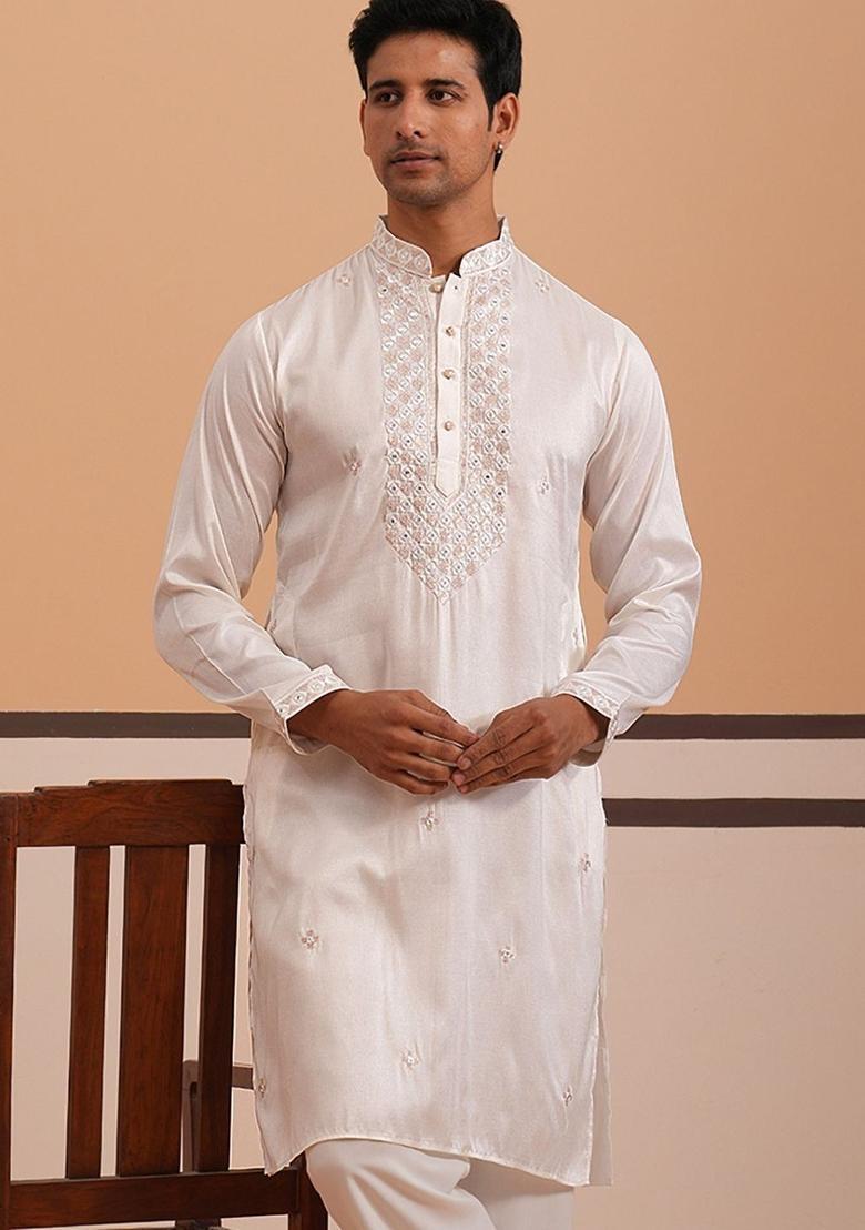 White Embellished Silk Kurta For Men - Indya