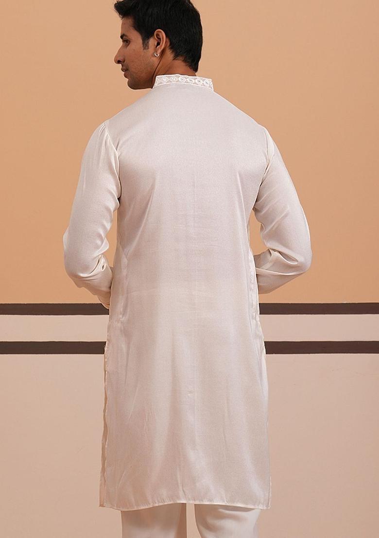 White Embellished Silk Kurta For Men - Indya