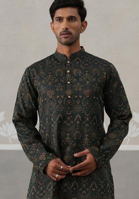 Olive Woven Design Silk Kurta For Men