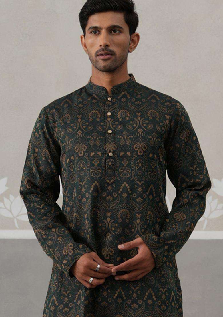 Olive Woven Design Silk Blend Kurta For Men - Indya