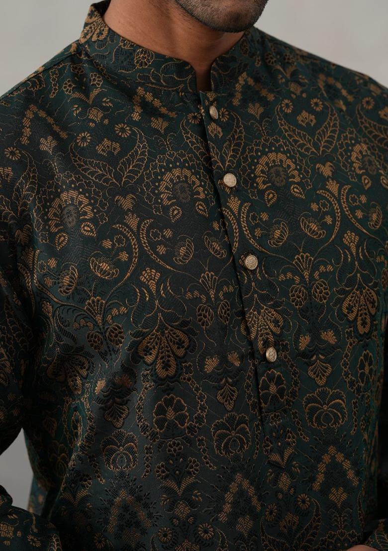 Olive Woven Design Silk Kurta For Men - Indya