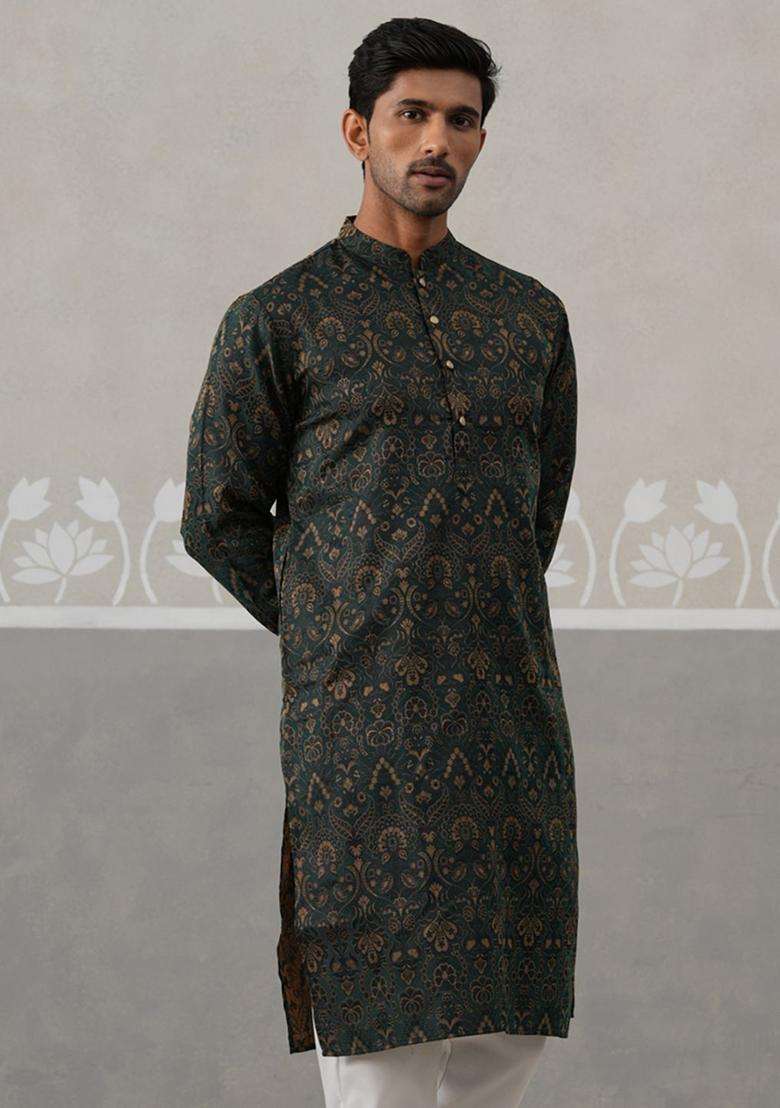 Olive Woven Design Silk Blend Kurta For Men - Indya