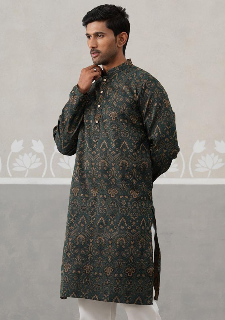 Olive Woven Design Silk Kurta For Men - Indya