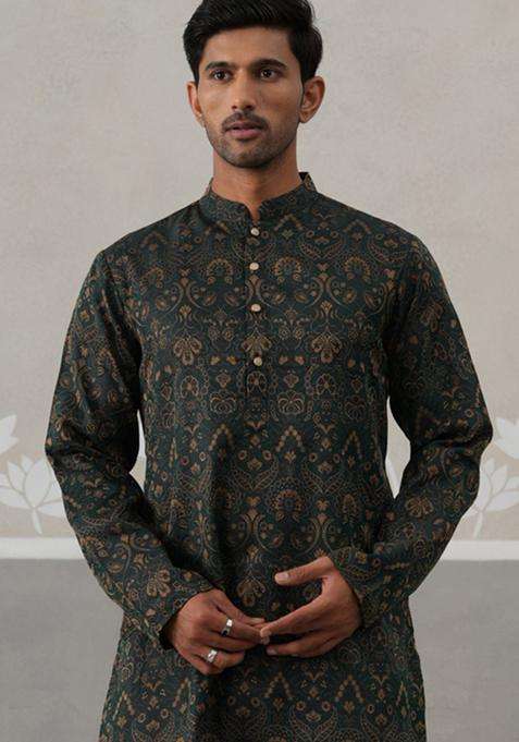 Olive Woven Design Silk Blend Kurta For Men
